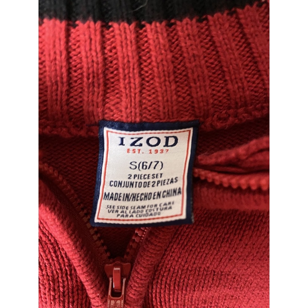 IZOD Boys Red Quarter Zip Mock Neck Knit Sweater Size S 6/7 Pullover Logo - Picture 5 of 5